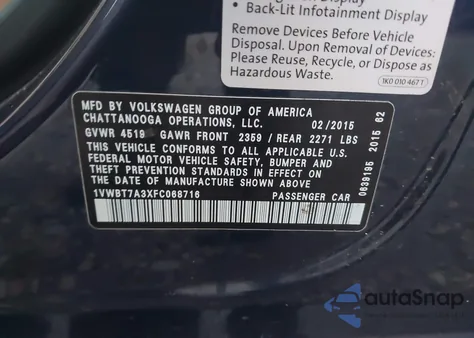 2015 Volkswagen Passat 1.8T Se from USA, damaged, VIN 1VWBT7A3XFC068716